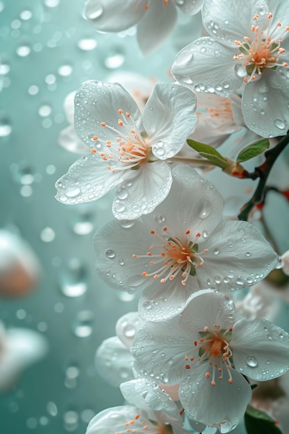 um fundo com elegantes flores brancas e gotas de orvalho suaves