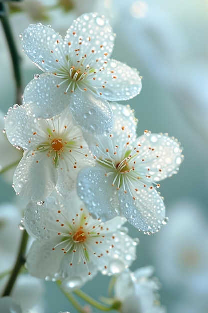 um fundo com elegantes flores brancas e gotas de orvalho suaves