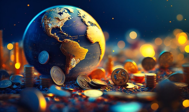 Um fundo criativo de manipulação do globo com moedas que representam o comércio e a economia globais