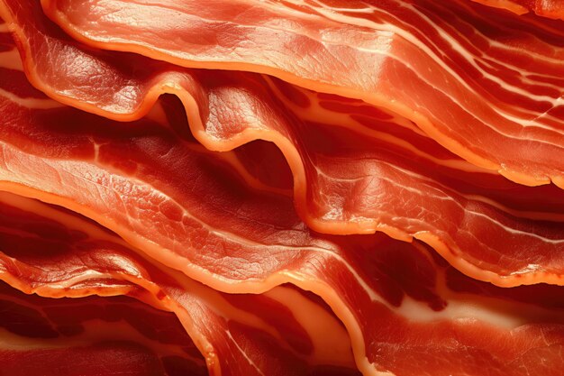 Foto um fundo de bacon assado saboroso a textura de fatias de bacon de perto