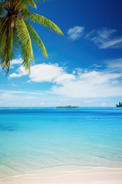 Um fundo de férias vívido com águas turquesas, praias cercadas de palmeiras e um céu alargado.