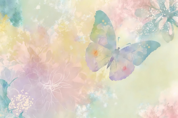 Um fundo de flor pastel com uma ilustração de arte digital de borboleta em aquarela