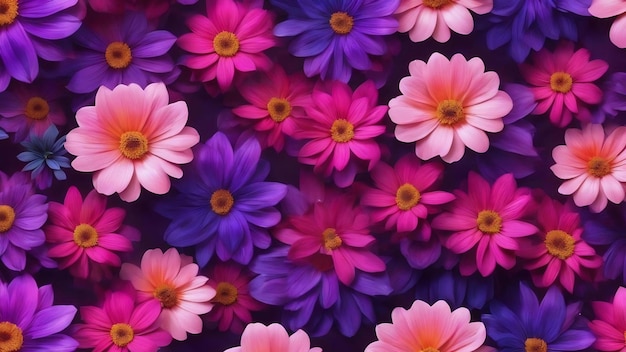 Um fundo de flores coloridas com um padrão de flores rosa e roxa