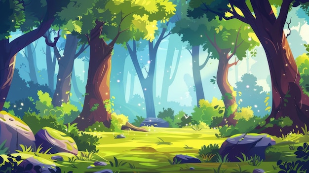 Um fundo de floresta de desenho animado com árvores decíduas musgo em rochas arbustos de grama e manchas de luz solar no chão cenário verão ou primavera madeira paralaxe cena natural
