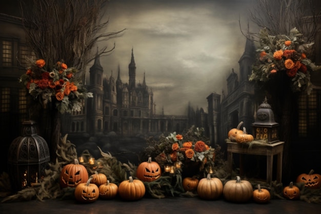 Um fundo de foto que adota uma estética Vintage com um tema de Halloween