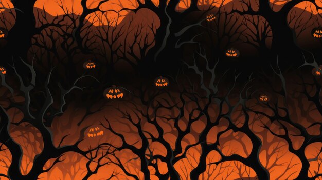 um fundo de Halloween com abóboras e árvores