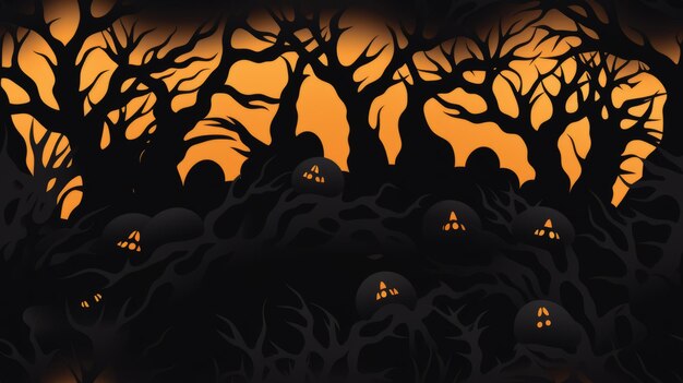 um fundo de Halloween com árvores e abóboras