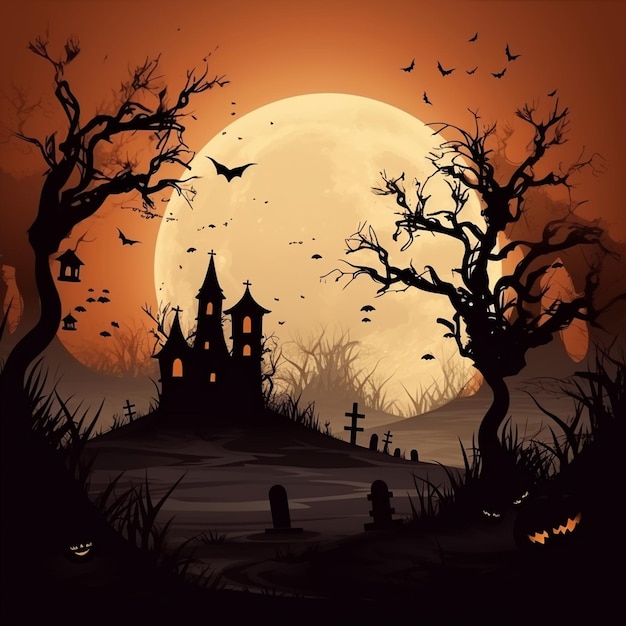 Um fundo de halloween com uma casa assombrada e morcegos no chão