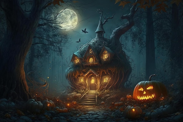 Um fundo de Halloween com uma casa de floresta escura e abóbora gerada por IA