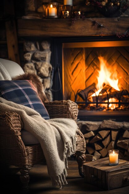 Foto um fundo de inverno aconchegante com uma lareira estalando cobertores de pelúcia