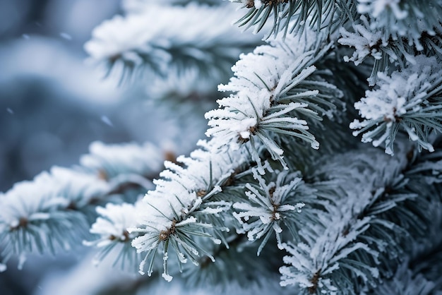 Um fundo de inverno, um abeto com galhos cheios de neve