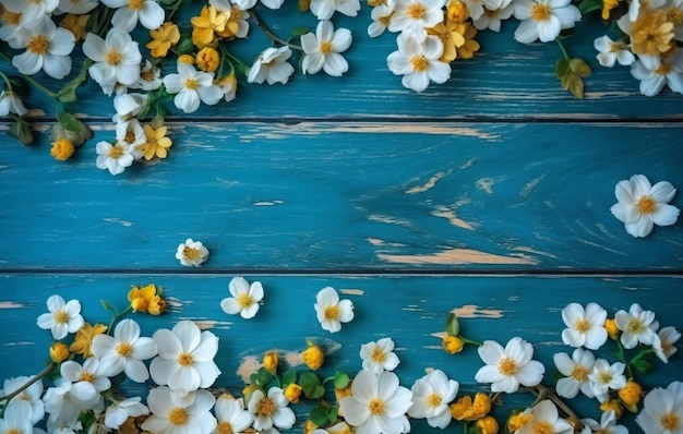 Um fundo de madeira azul com flores brancas nele