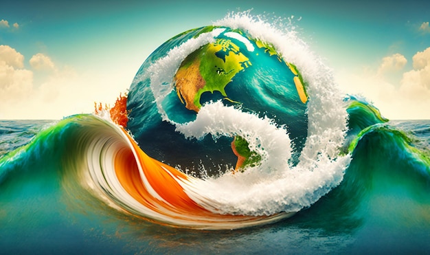 Um fundo de manipulação do globo oceânico com ondas de água representando as vastas águas da terra