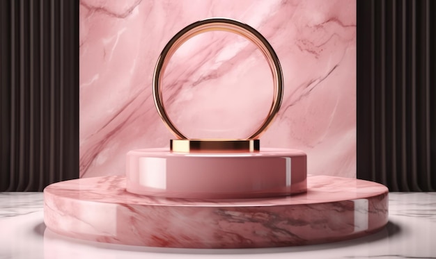 Um fundo de mármore rosa com um anel e um anel de ouro.