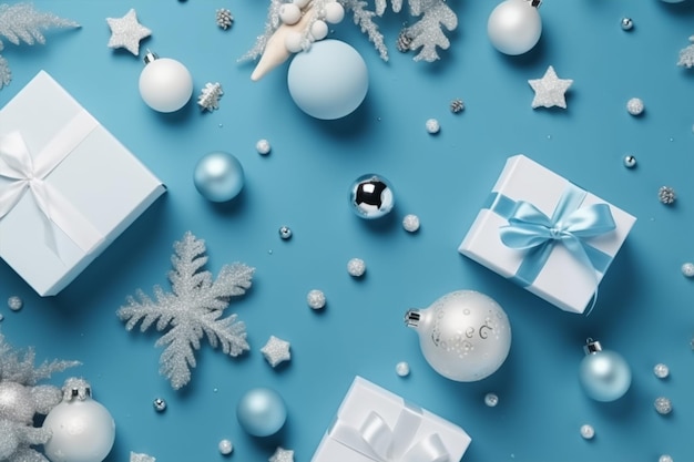 Um fundo de natal azul e branco com uma caixa de presente e uma árvore de natal branca