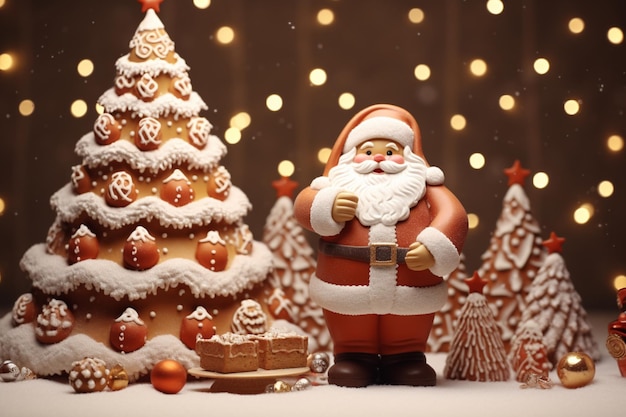 Um fundo de Natal com biscoitos de pão de gengibre do Papai Noel e uma árvore de Natal decorada