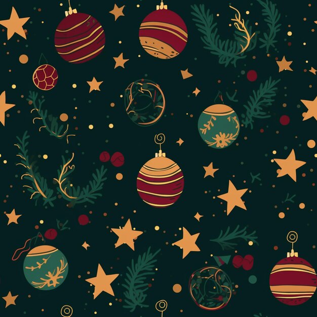 Um fundo de natal com bolas e galhos e estrelas.