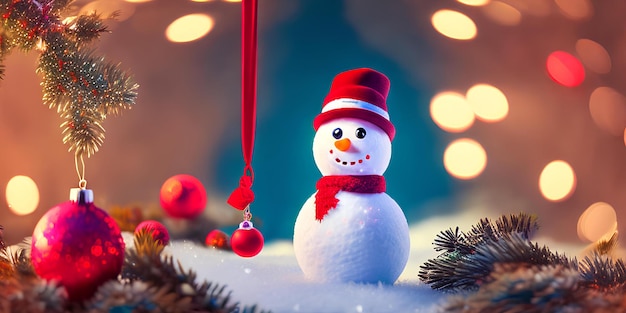 Um fundo de Natal com um boneco de neve sorridente fofo usando um chapéu vermelho e cachecol contra um fundo de galhos de bokeh brilhantes e bolas de Natal Generative ai