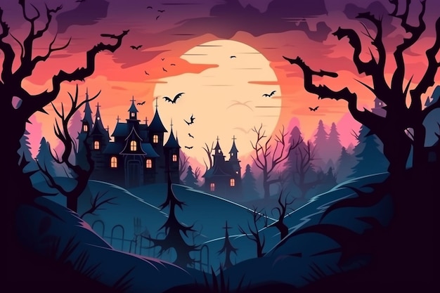 Um fundo de noite de halloween com uma casa assombrada e morcegos.