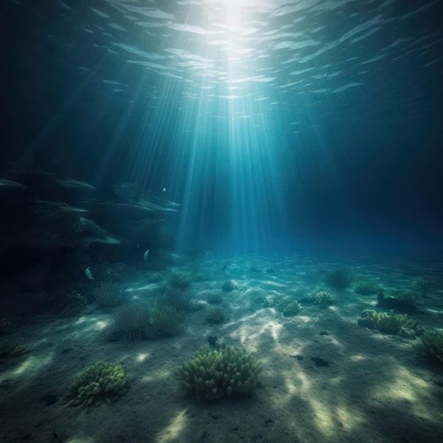 Um fundo de oceano azul com luz brilhando através da água