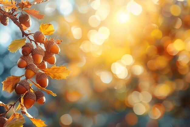 Foto um fundo de outono difuso iluminado pelo sol, retratando ramos de carvalhos incorporando folhagem e bolotas, belos frutos em desenvolvimento e espaço.