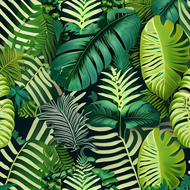 um fundo de padrão sem costura com uma mistura de folhagem verde exuberante, incluindo folhas de palmeira de samambaia e folhas de monstera tropical