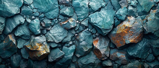 Um fundo de pedra verde azul Texturas rochosas subaquáticas Closeup Montanhas tonadas Uma ampla bandeira Uma vista panorâmica Desenho de espaço de cópia