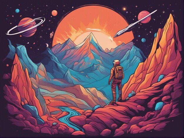 Foto um fundo de planeta com design de camiseta espacial e de astronauta