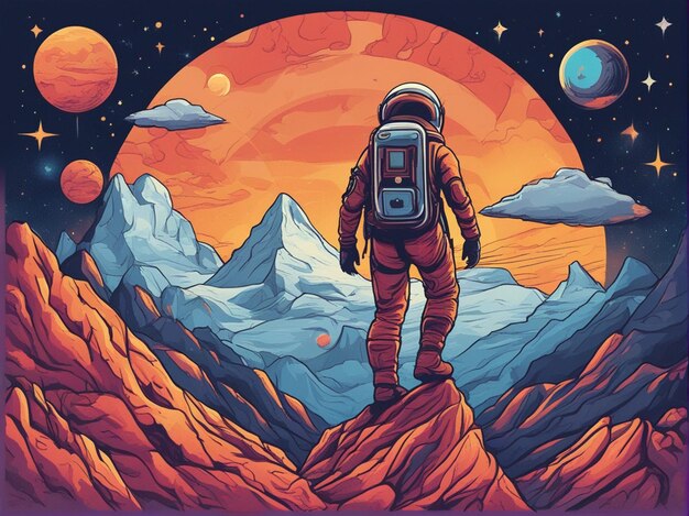 Foto um fundo de planeta com design de camiseta espacial e de astronauta