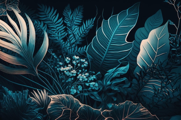 Um fundo de plantas tropicais de natureza abstrata e um processo de tons azuis