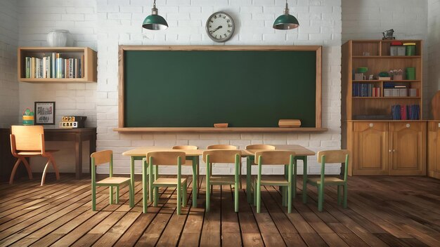 Um fundo de sala de aula branca vazia com mesa e assento de tábua verde no chão de madeira