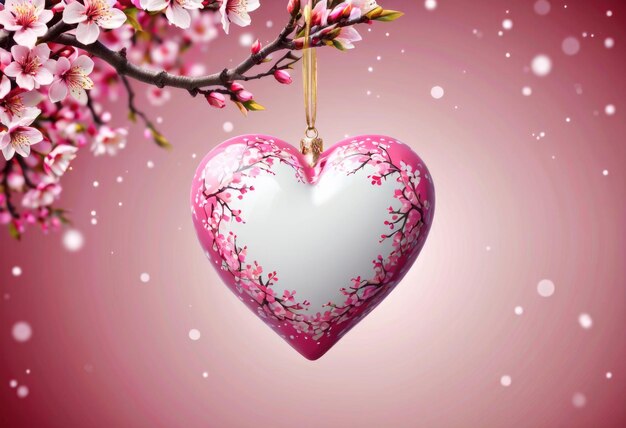 Um fundo de São Valentim com flores de cerejeira com ornamentos de coração contra um fundo desfocado