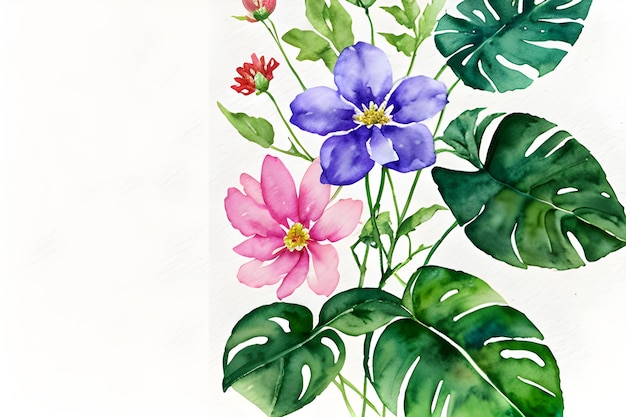 um fundo desenhado à mão em aquarela com flores e folhas