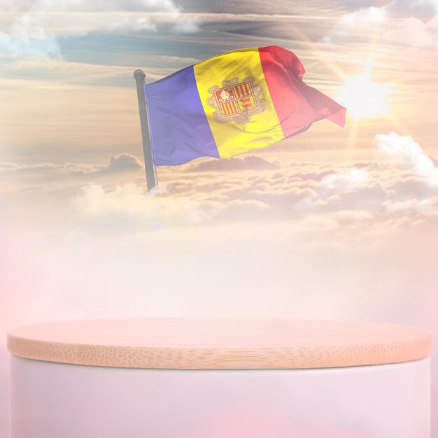 Um fundo do céu da nuvem do pódio da bandeira de andorra