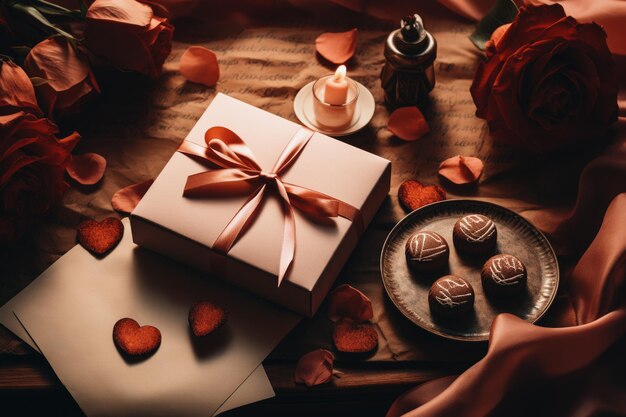 Um fundo do Dia dos Namorados Romântico e nostálgico Uma coleção de cartas de amor com letra elegante cercada por chocolates espalhados e pétalas de rosas