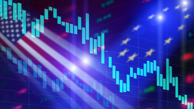 Um fundo do mercado de ações com EUA e bandeiras da União Europeia e gráficos de mercado em queda