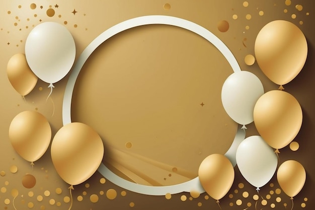 Um fundo dourado e marrom com balões e um círculo com pontos dourados.