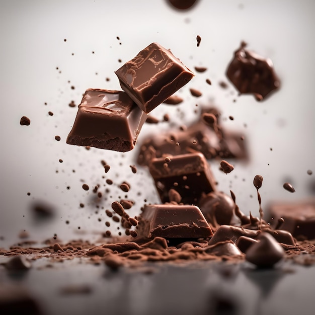 Um fundo escuro com um monte de pedaços de chocolate caindo no ar.