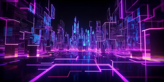 Um fundo escuro com uma cidade neon roxa e as palavras 'cyberpunk' nela