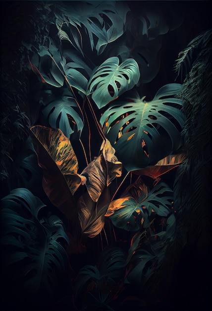 Um fundo escuro com uma planta frondosa e as palavras 'tropical'