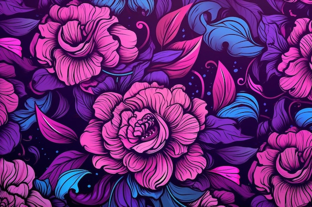 Um fundo floral azul com flores e folhas