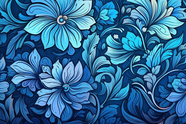 Um fundo floral azul com flores e folhas