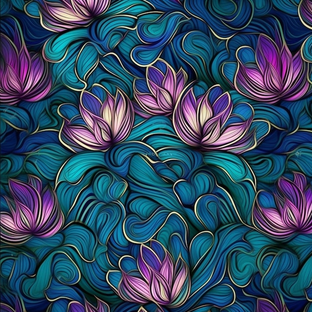 Um fundo floral azul e roxo com redemoinhos generative ai