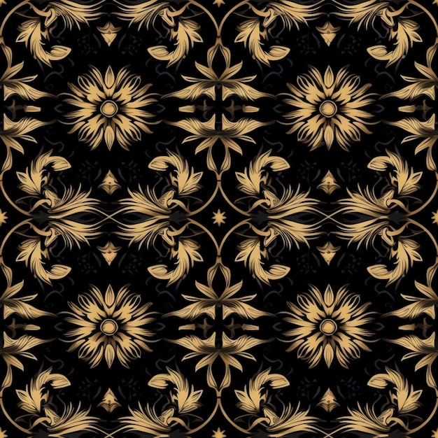 um fundo floral preto e dourado com um ai gerador de flores douradas