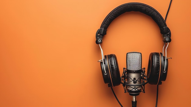 Um fundo laranja com fones de ouvido e um microfone de gravação para podcasts IA geradora