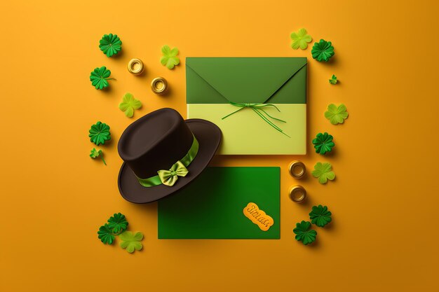 Um fundo laranja com um chapéu e um envelope verde com trevos e uma carta nele.