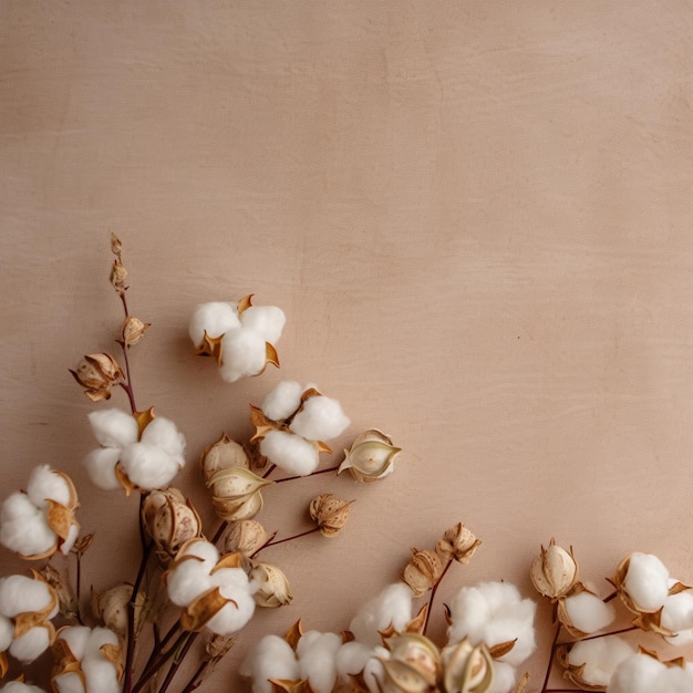 Um fundo marrom com flores brancas de algodão e um fundo marrom.
