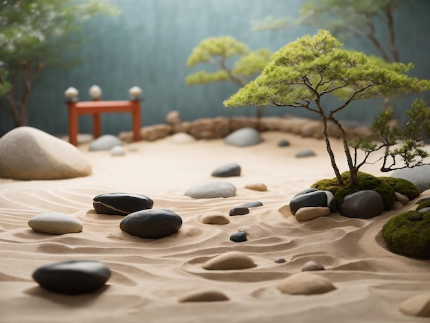 um fundo minimalista sereno e calmante com um pequeno jardim zen japonês