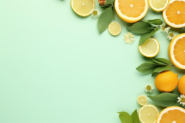 Um fundo pastel de menta retrô contém uma moldura de fatias cítricas e ervas de menta, como visto de cima