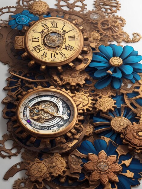 Um fundo pré-fabricado de engrenagens enferrujadas e relógios todos mostrando um tempo diferente